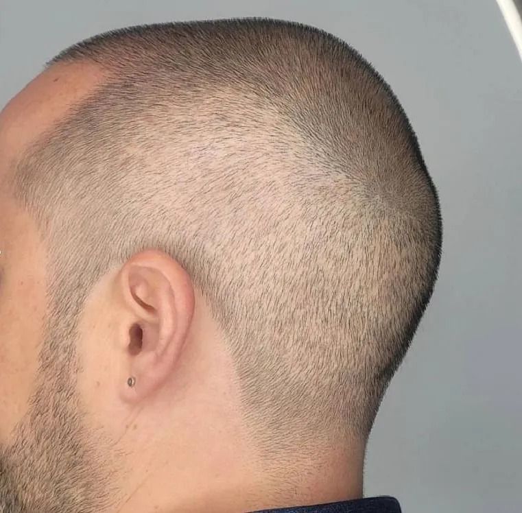 Hombre con un corte de pelo corto y descolorido, una oreja con un pendiente, sobre un fondo gris claro.