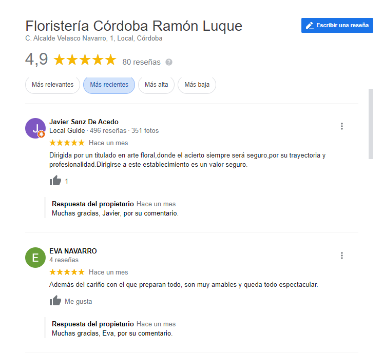 Una captura de pantalla de una reseña de Google para Floristeria Córdoba Ramón Luque.