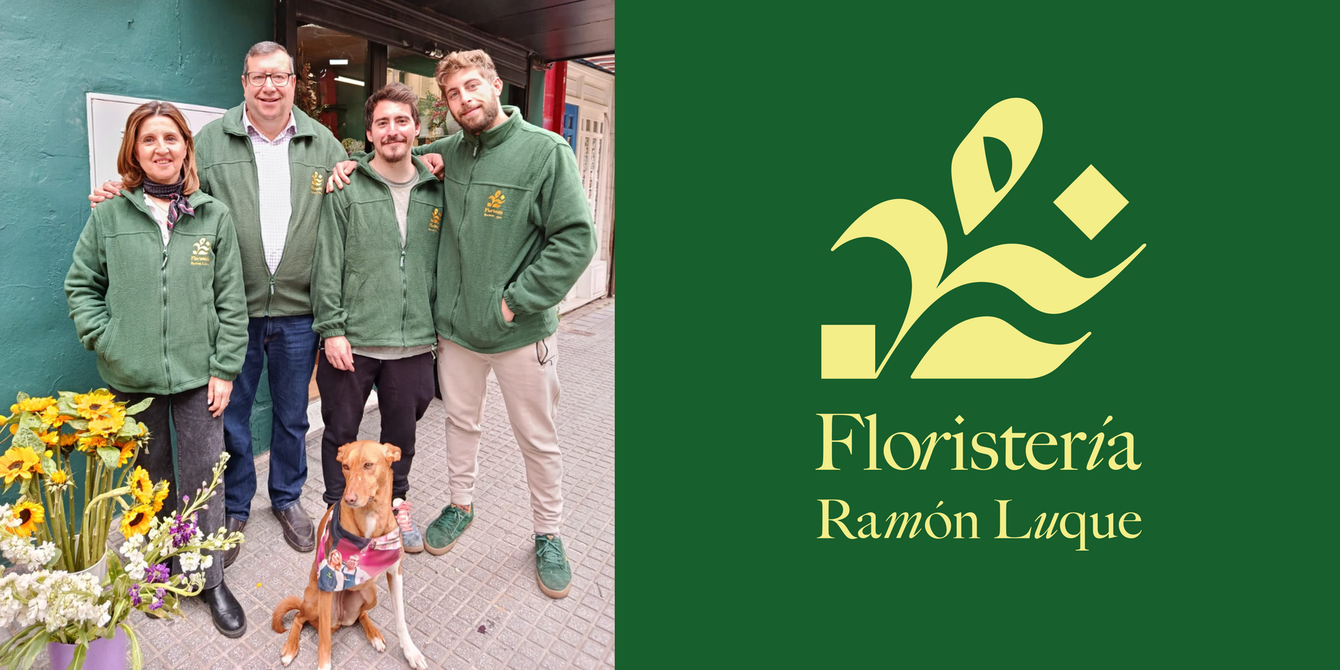 Un grupo de personas y un perro posan para una fotografía.