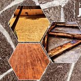 Tres imágenes hexagonales que muestran diseños de hormigón estampado, con fondo de piedra.