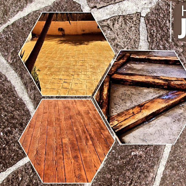 Tres imágenes hexagonales que muestran diseños de hormigón estampado, con fondo de piedra.