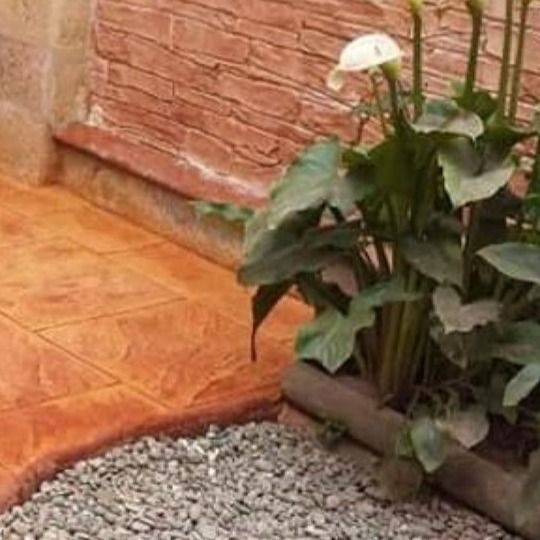 Lirios de cala en una maceta de piedra junto a un camino de grava y una pared de ladrillos texturizados.