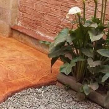 Lirios de cala en una maceta de piedra junto a un camino de grava y una pared de ladrillos texturizados.