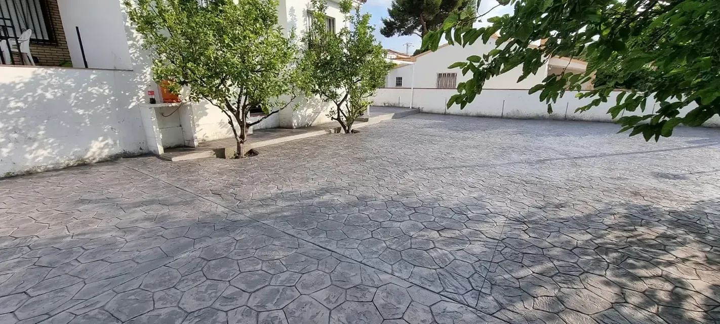 Una zona pavimentada con tres árboles frente a un edificio blanco, bajo la luz del sol.