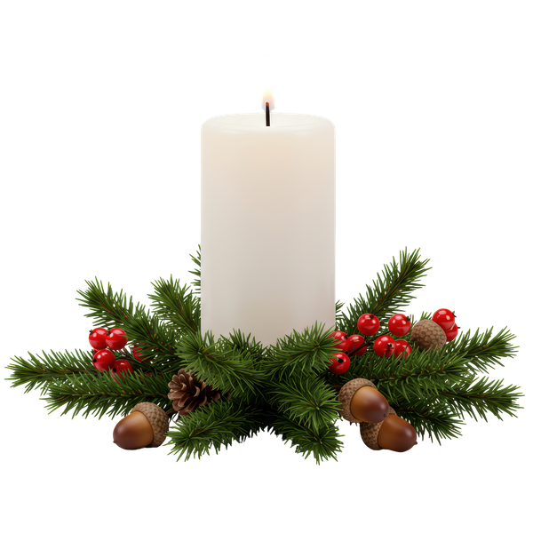 Bougie blanche entourée de pin vert, de baies rouges, de glands et d'une pomme de pin.