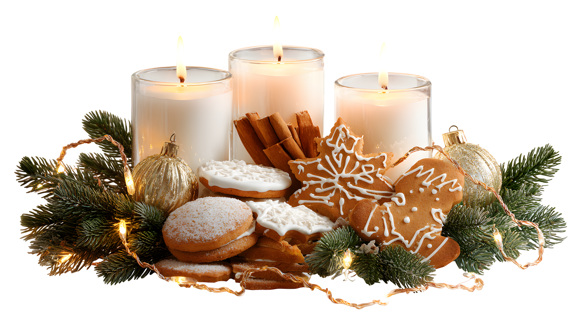 Décoration de Noël avec trois bougies allumées, des biscuits, des ornements et de la verdure.