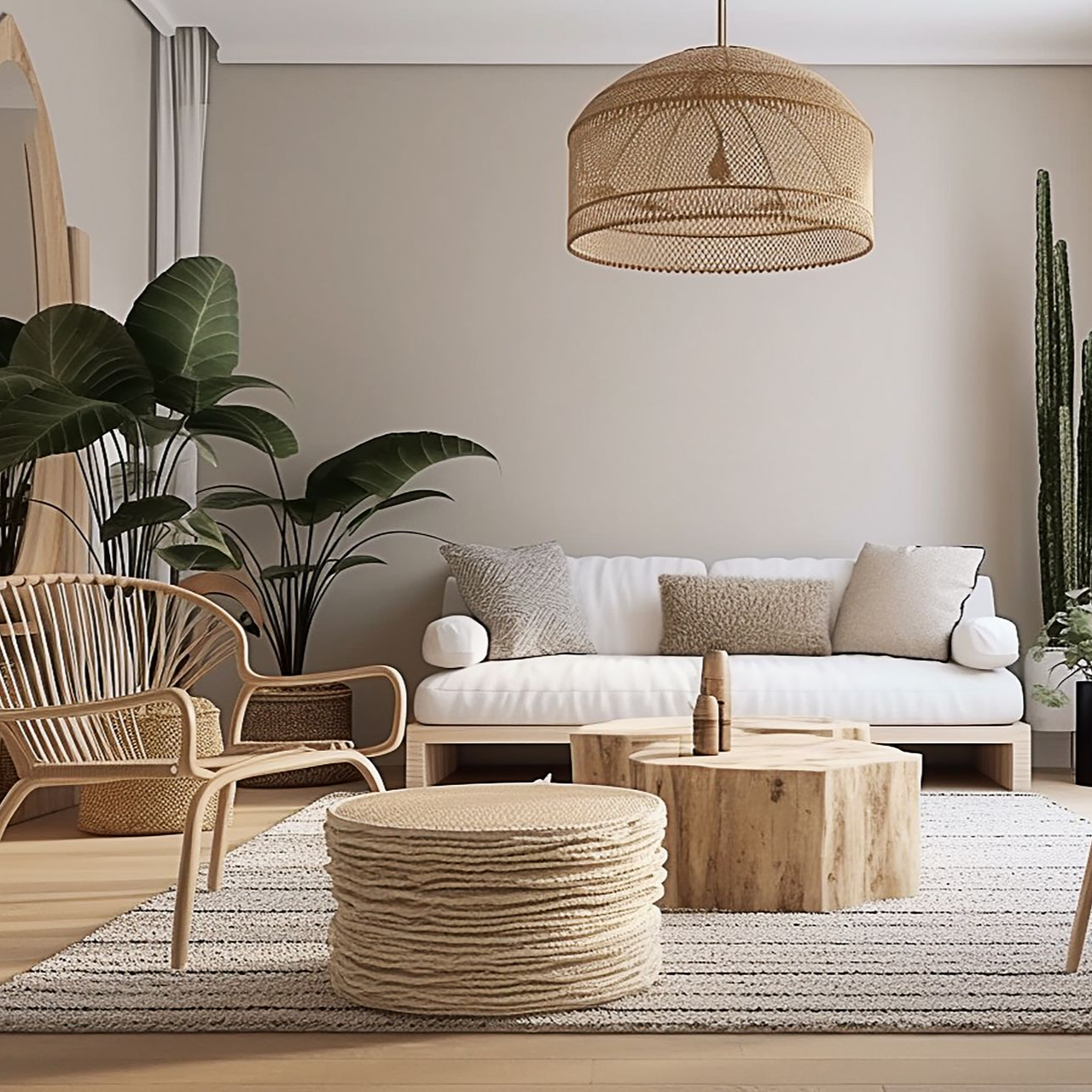 Salon bohème avec meubles en osier, plantes et lumière naturelle.