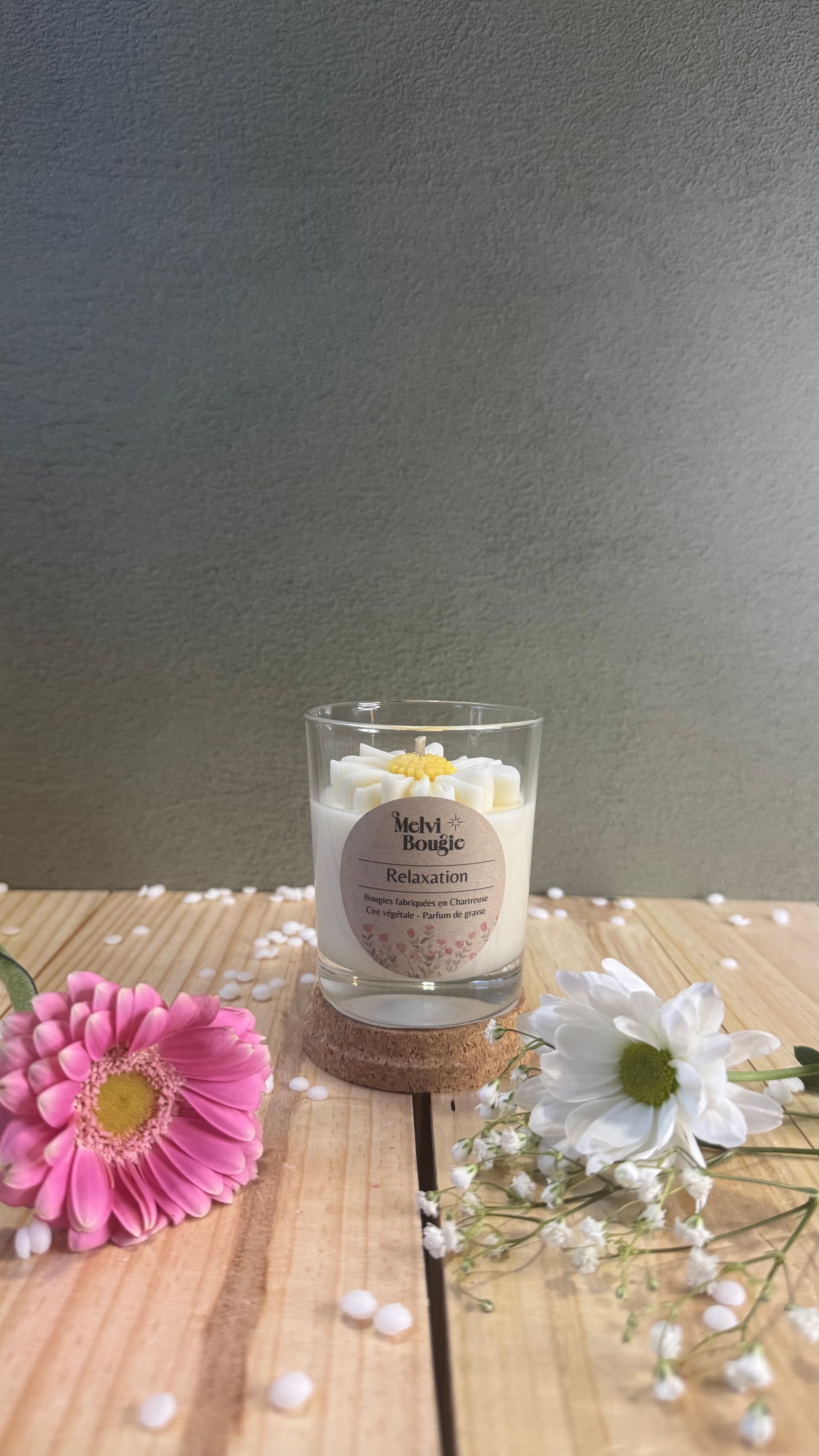 bougie mèche bois et fleurs