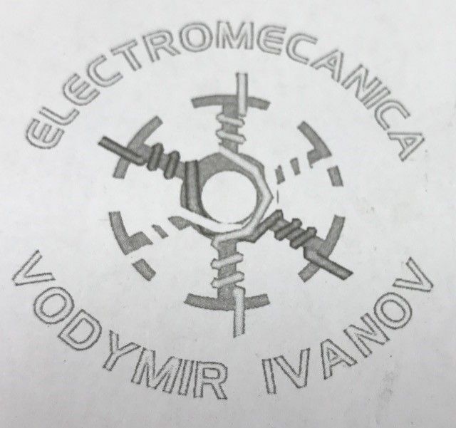 Logotipo de Electromecánica Volodymyr Ivanov, que presenta una tuerca hexagonal estilizada con componentes eléctricos.