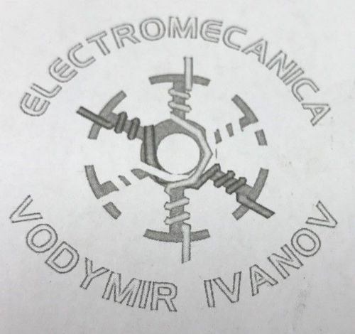 Logotipo de Electromecánica Volodymyr Ivanov, que presenta una tuerca hexagonal estilizada con componentes eléctricos.