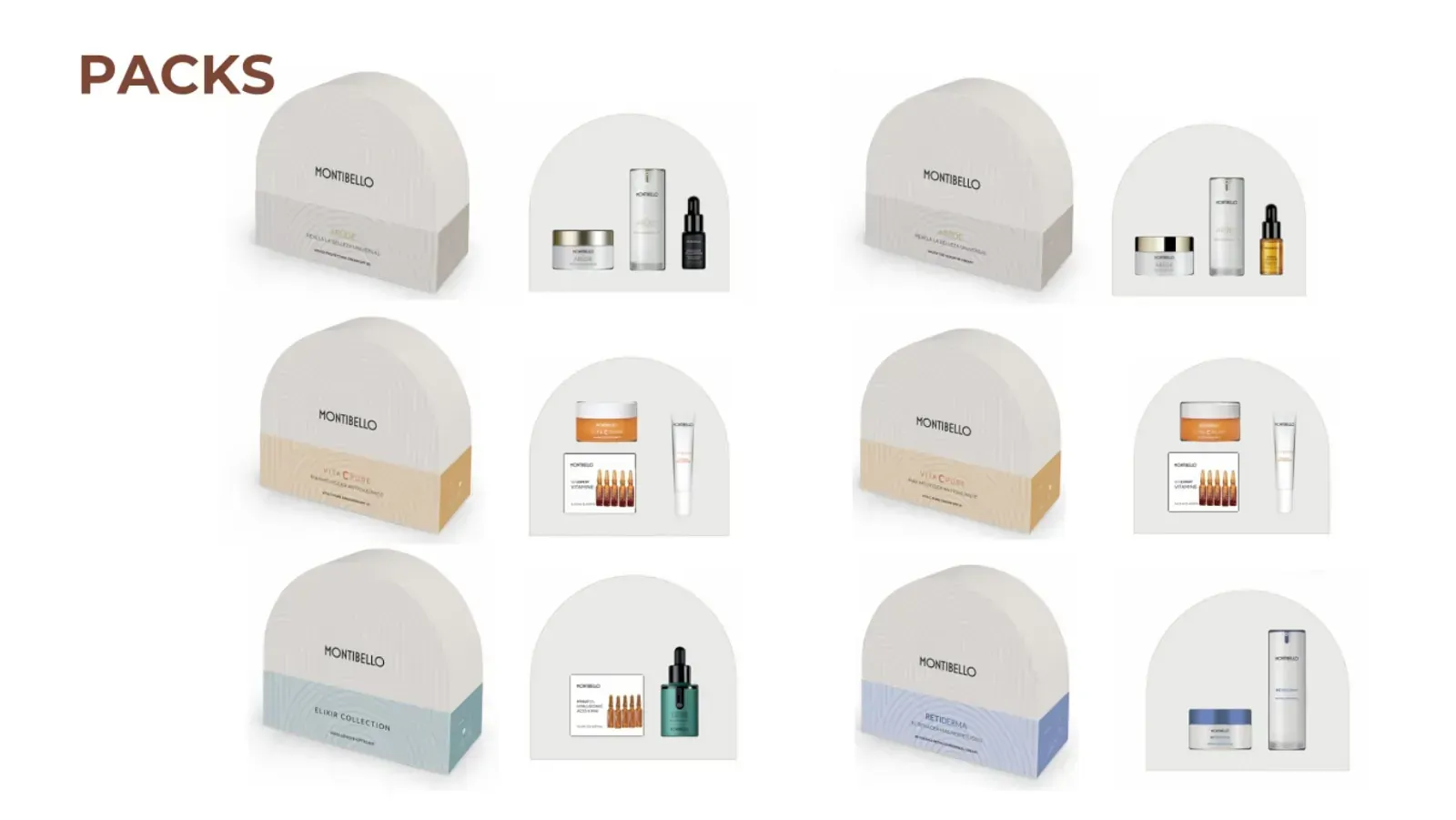 Se muestran una variedad de paquetes de cosméticos sobre un fondo blanco.