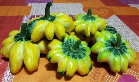 Un pequeño grupo de calabacines redondos de forma festoneada, de color amarillo y verde, sobre un mantel estampado.