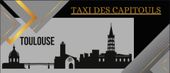 Logo de Taxi Des Capitouls avec silhouette de Toulouse. Design noir, or et gris.