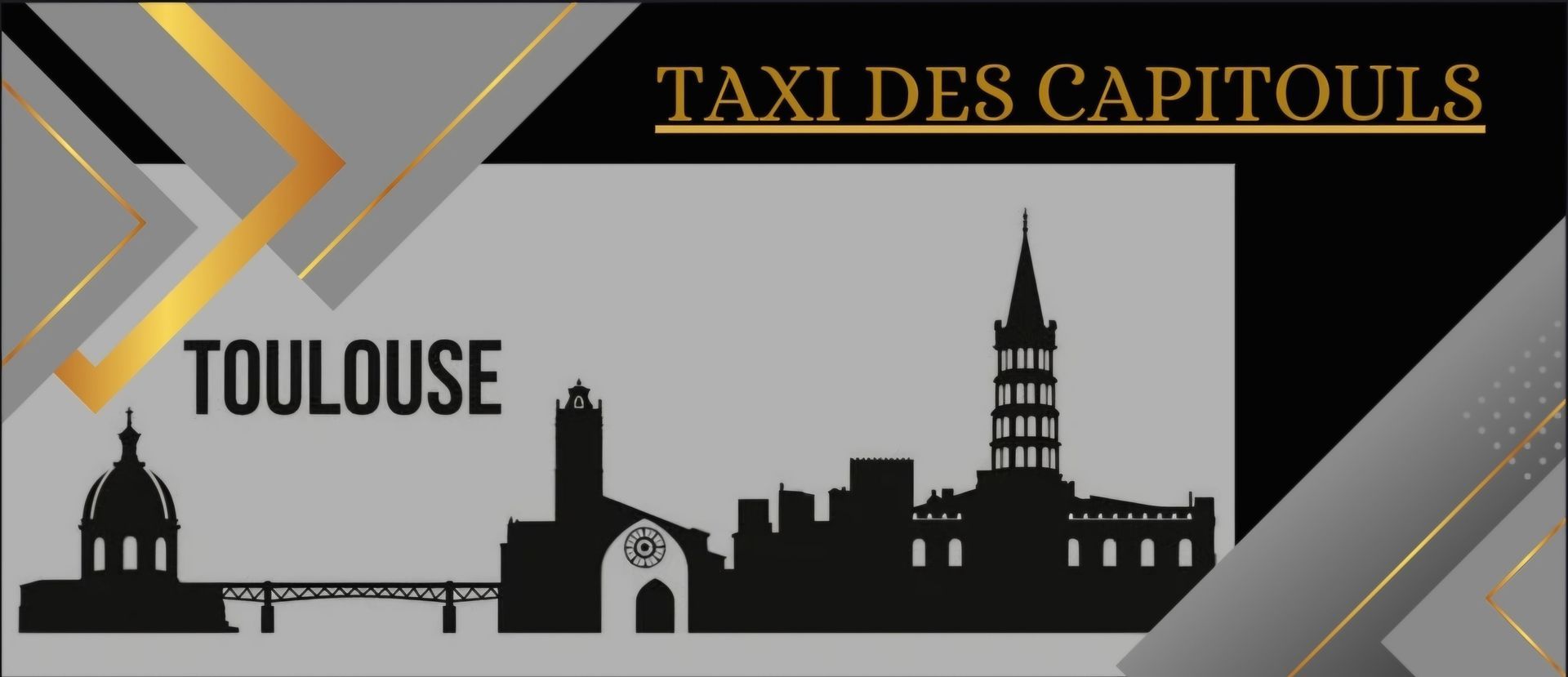 Logo de Taxi Des Capitouls avec silhouette de Toulouse. Design noir, or et gris.