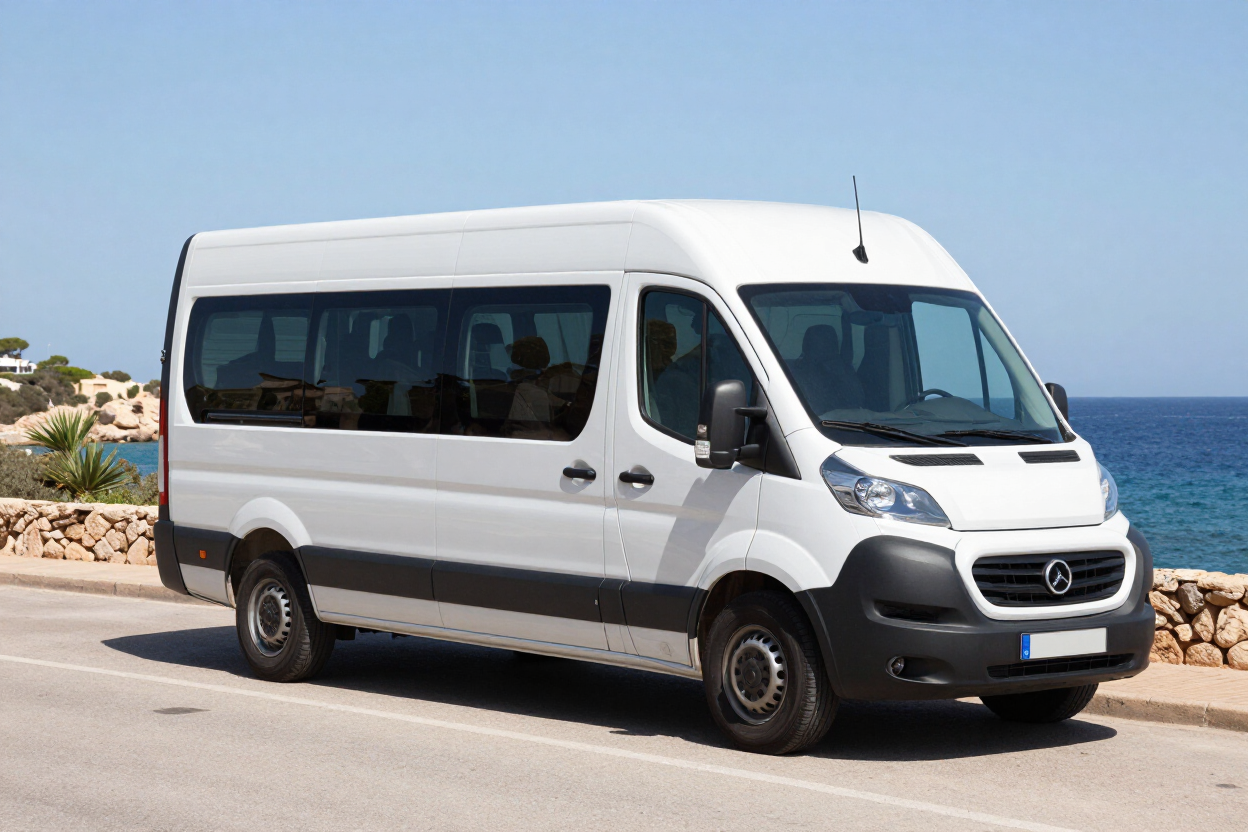 Minibús profesional de Ibiza MiniBus en un entorno costero de Ibiza