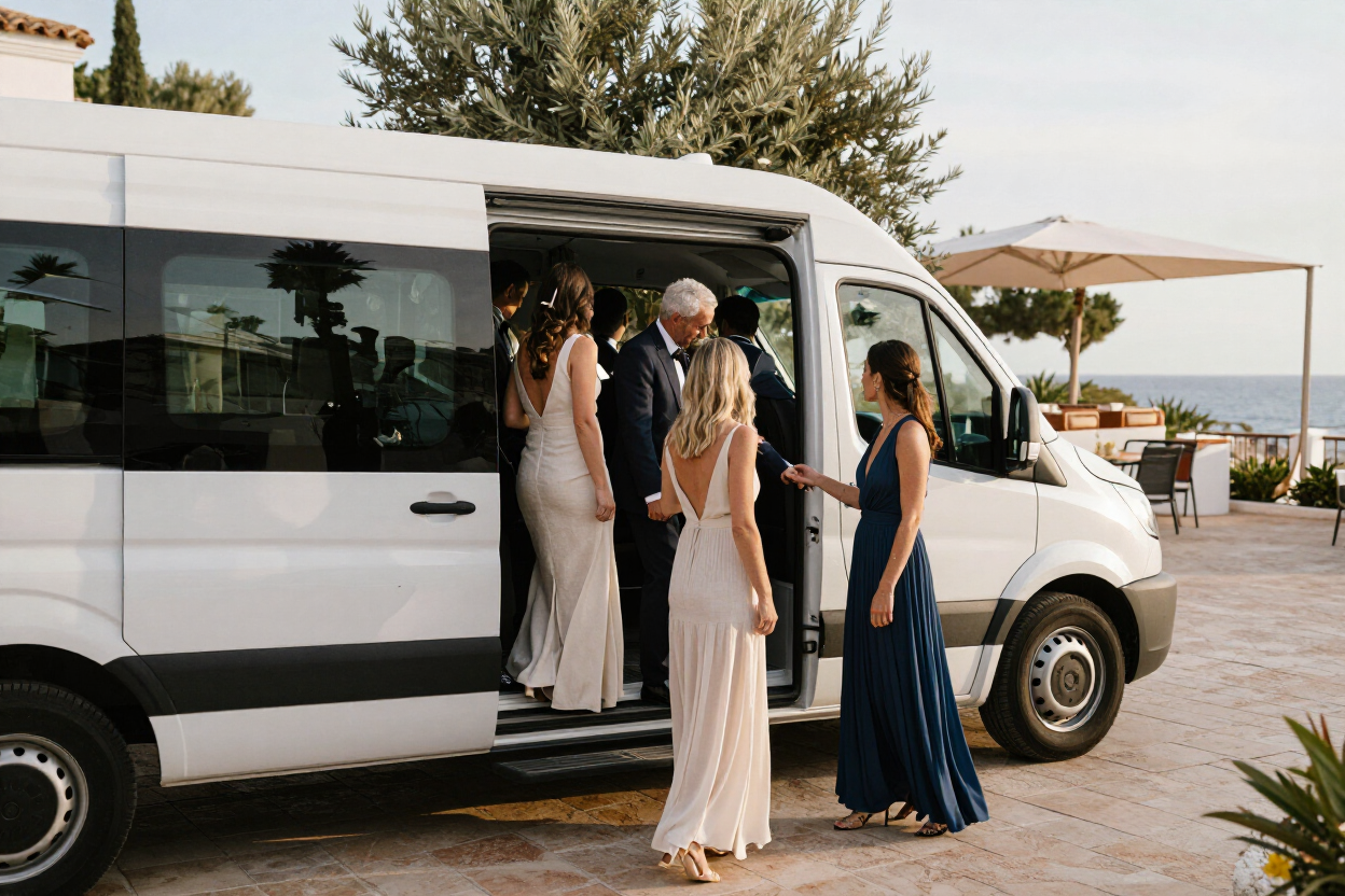Minibús de Ibiza MiniBus junto a un espacio de boda en Ibiza con invitados