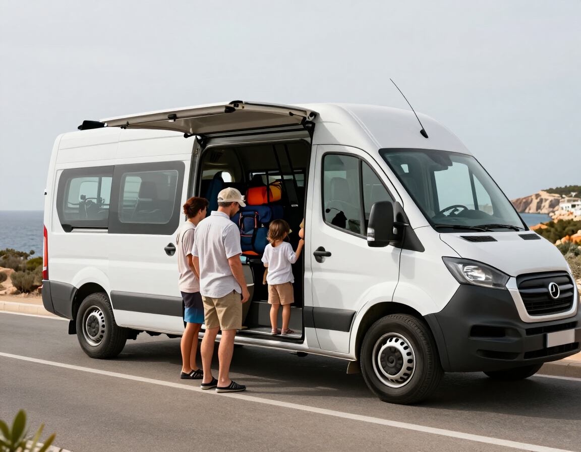 Minibús privado en Ibiza con grupo de pasajeros y amplio maletero