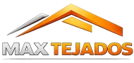 Logotipo de Max Tejados que presenta un gr&aacute;fico estilizado de un techo naranja y plateado 