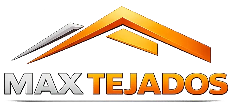 Logotipo de Max Tejados que presenta un gr&aacute;fico estilizado de un techo naranja y plateado 