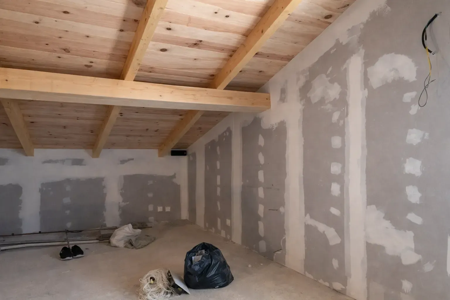 Habitación sin terminar en construcción, con vigas de madera a la vista