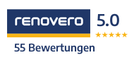 Renovero-Logo mit einer 5,0-Sterne-Bewertung und 5 goldenen Sternen. Darunter: „55 Bewertungen“.