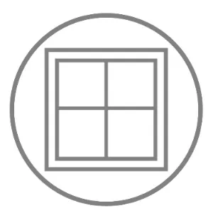 Un icono de una ventana en un círculo sobre un fondo blanco.
