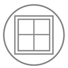 Un icono de una ventana en un círculo sobre un fondo blanco.