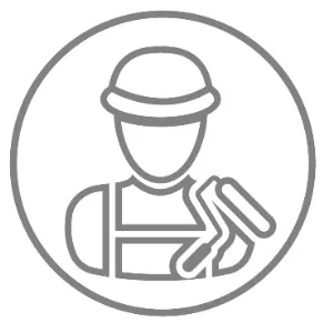 Un dibujo lineal de un hombre que lleva un casco y sostiene un par de tijeras.