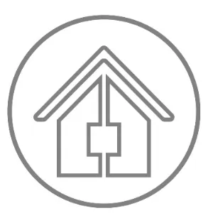 Un dibujo lineal de una casa con una cruz en el techo en un círculo.