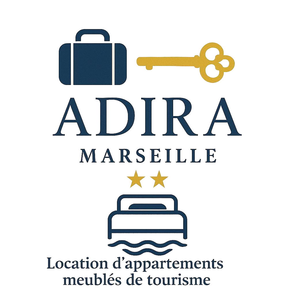 Logo pour ADIRA Marseille, service de location d'appartements meublés pour touristes, représentant une valise, une clé, un lit et des étoiles.