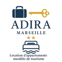 Logo pour ADIRA Marseille, service de location d'appartements meublés pour touristes, représentant une valise, une clé, un lit et des étoiles.