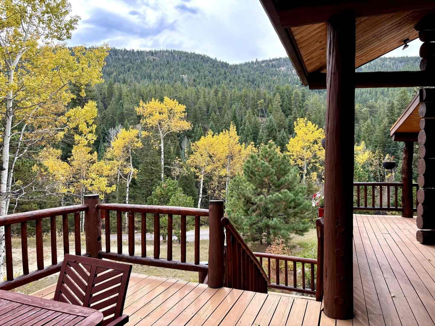 Autumn aspens viewed from the wrap-around deck at The Riverside Cabin in Allenspark, Colorado