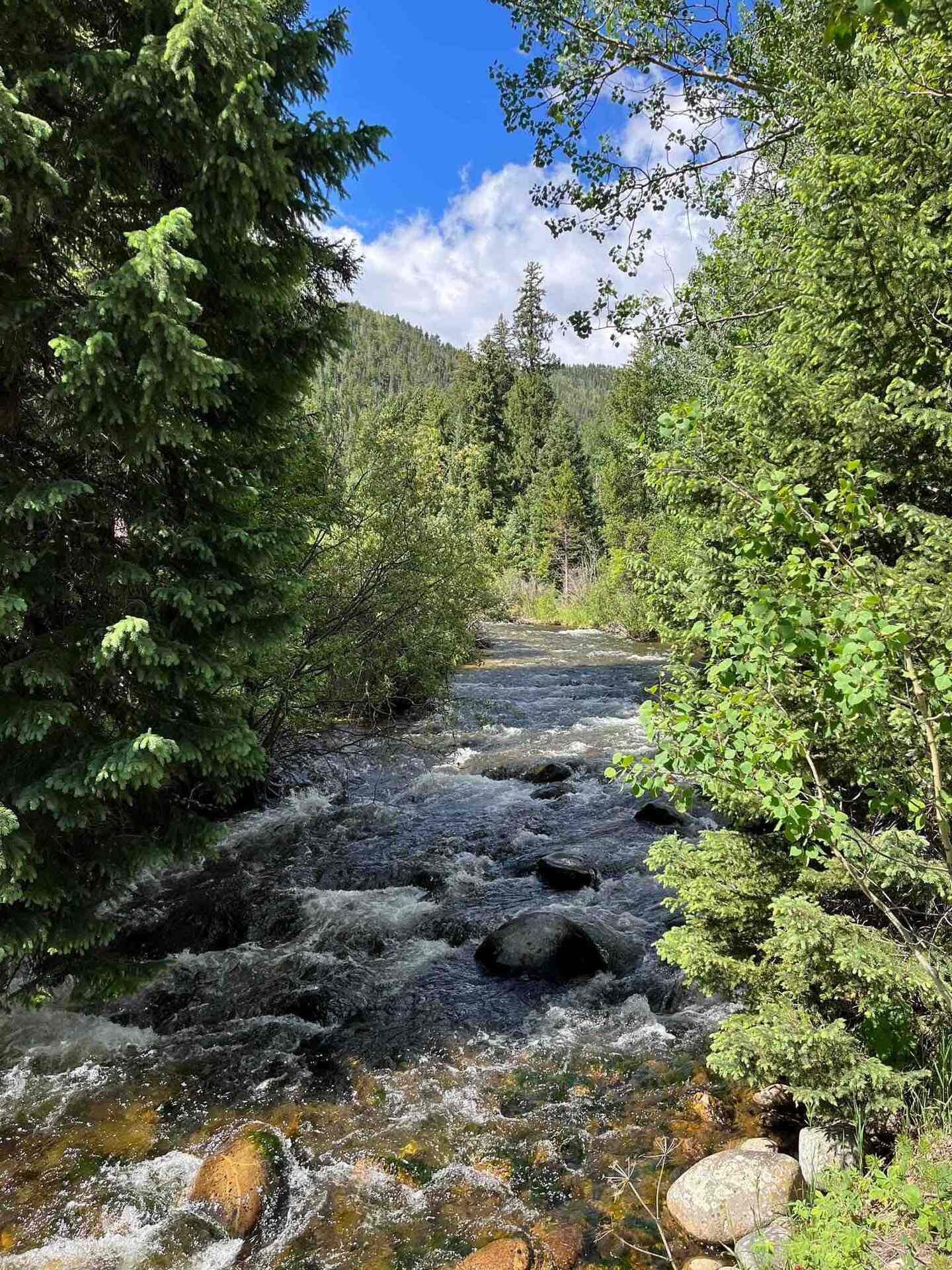 Middle St. Vrain Creek flowing past boulders near The Riverside Cabin in Allenspark, Colorado