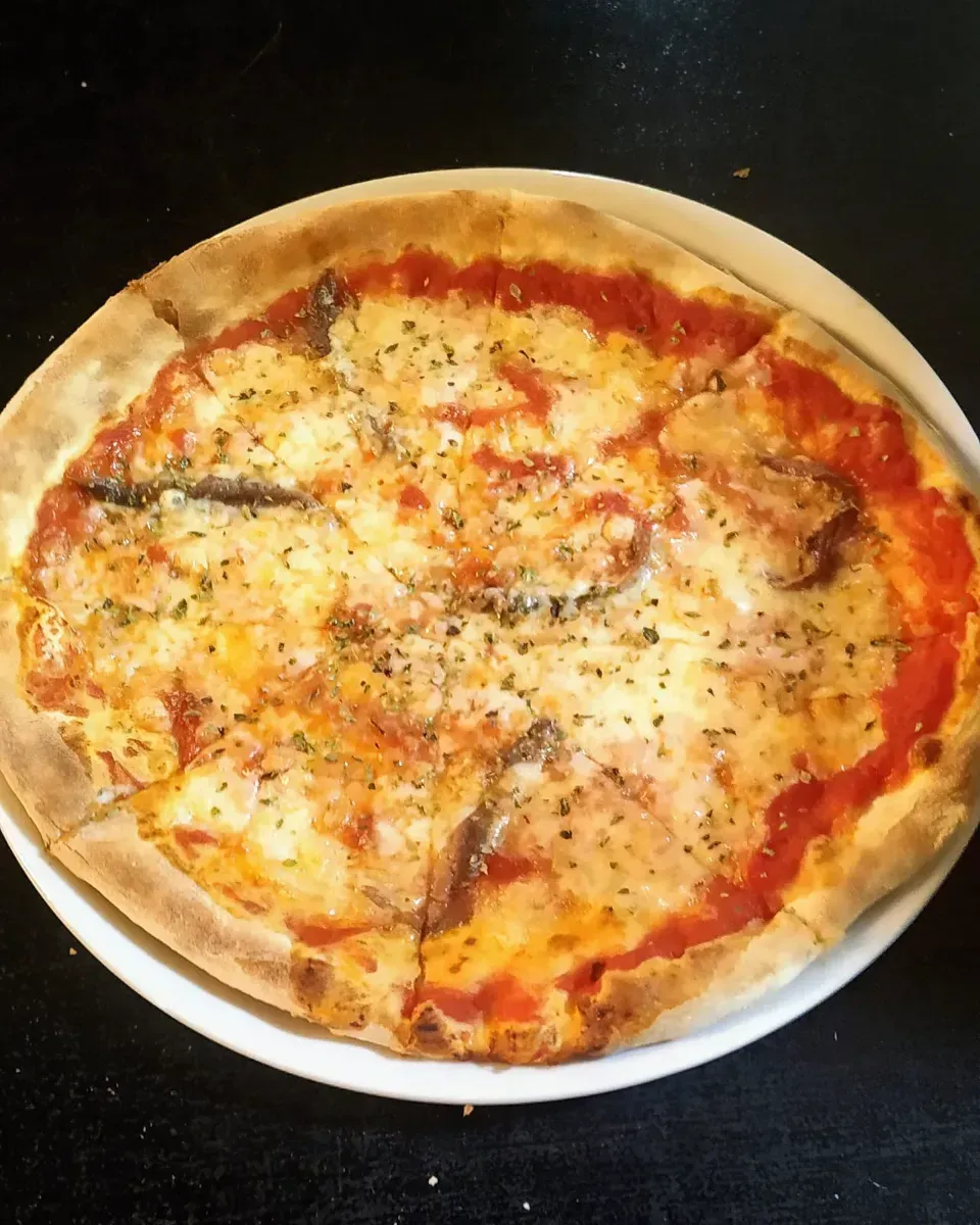 Una pizza con salsa de tomate y queso en un plato blanco.