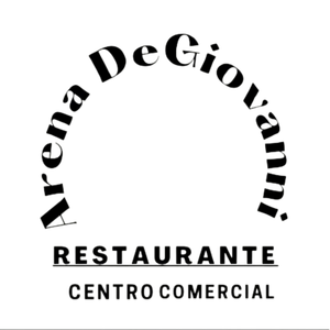 Un logotipo en blanco y negro para el centro comercial y restaurante Arena de Giovanni.
