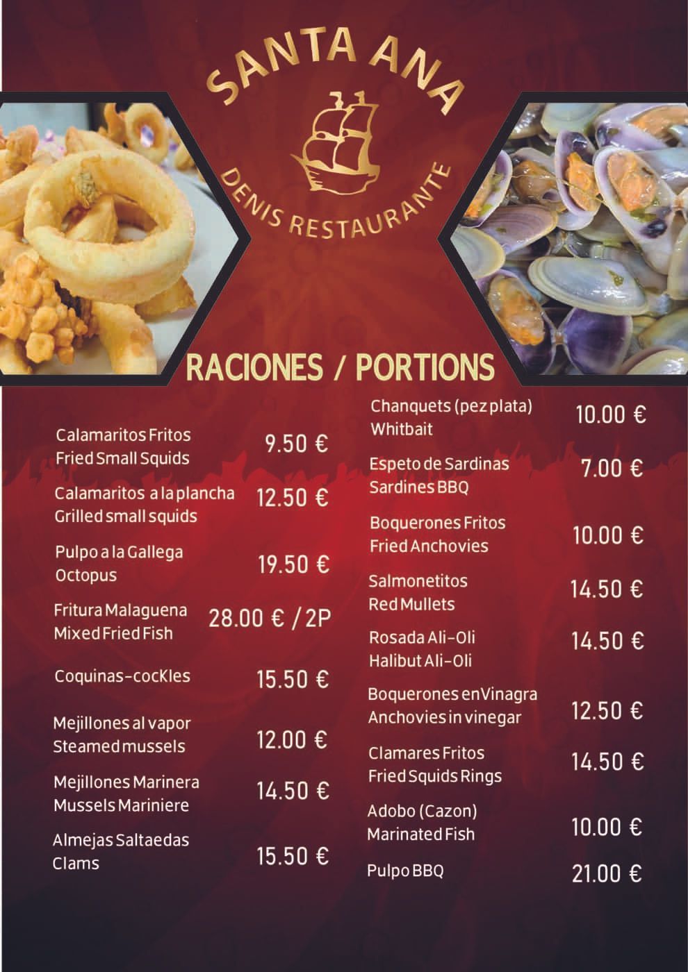 Tablero de menú del restaurante Santa Ana Genis con precios de comida.