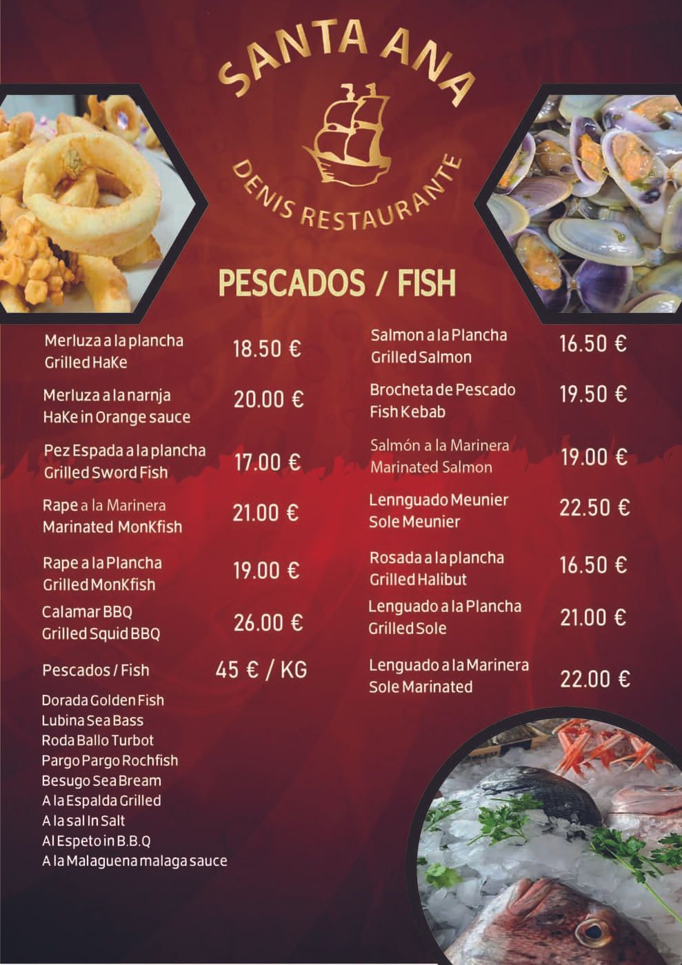 Menú del restaurante con platos de mariscos y precios.