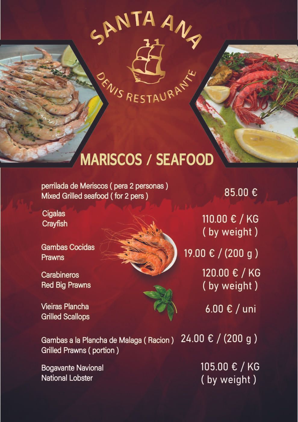 Menú del Restaurante Santa Ana Denis, con lista de platos de mariscos y precios.