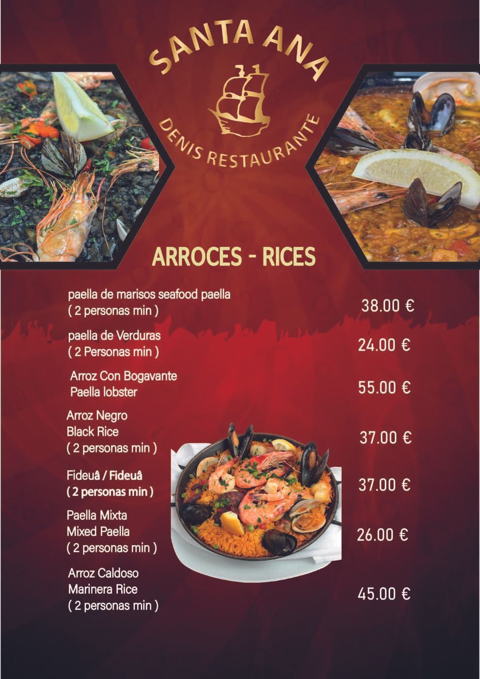 Menú del Restaurante Santa Ana Denis con arroces.