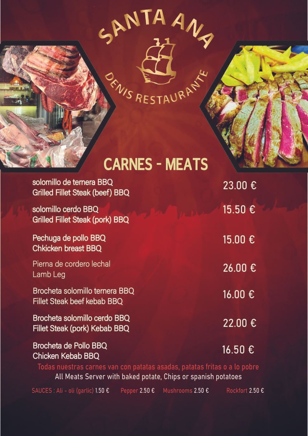 Carta del Restaurante Santa Ana Denis, con platos de carne con precios en euros.