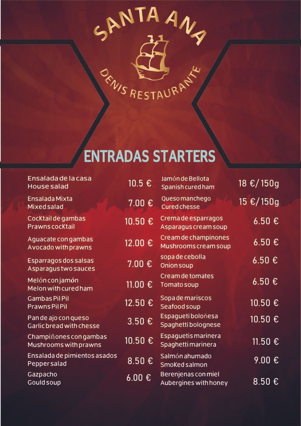 Menú del Restaurante Santa Ana Denis, con lista de entrantes. Combinación de colores rojo y dorado.