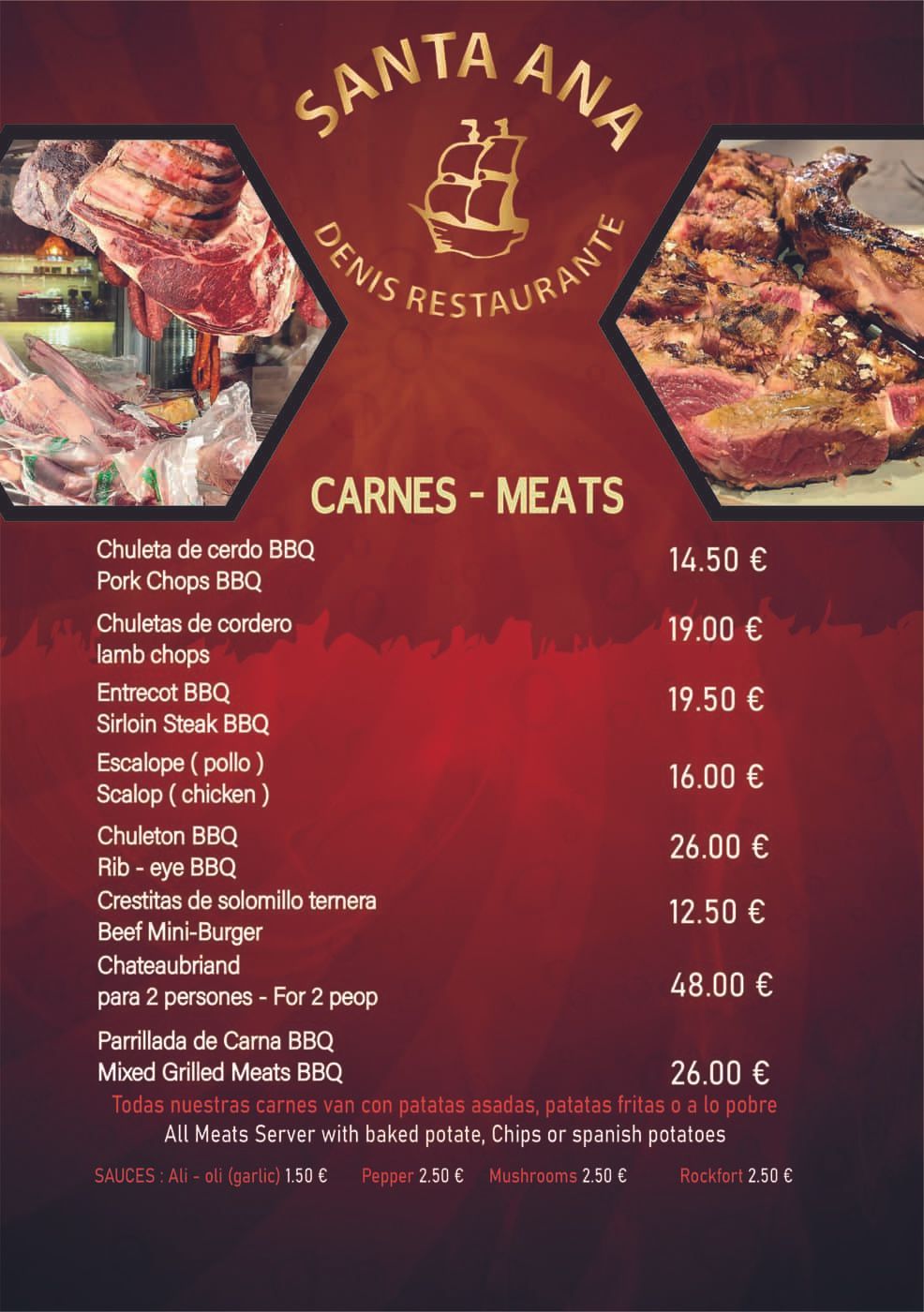 Menú del Restaurante Santa Ana Denis, sección de carnes con precios.