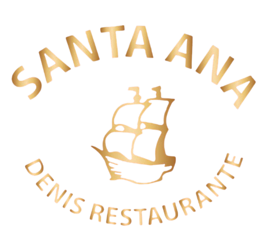 Logotipo dorado: arco "SANTA ANA" sobre una ilustración de un barco dorado; "DENIS RESTAURANTE" debajo en un arco.
