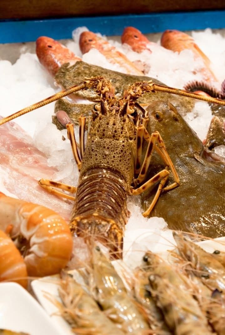 Langosta entre camarones y otros mariscos sobre hielo en el mostrador del mercado.