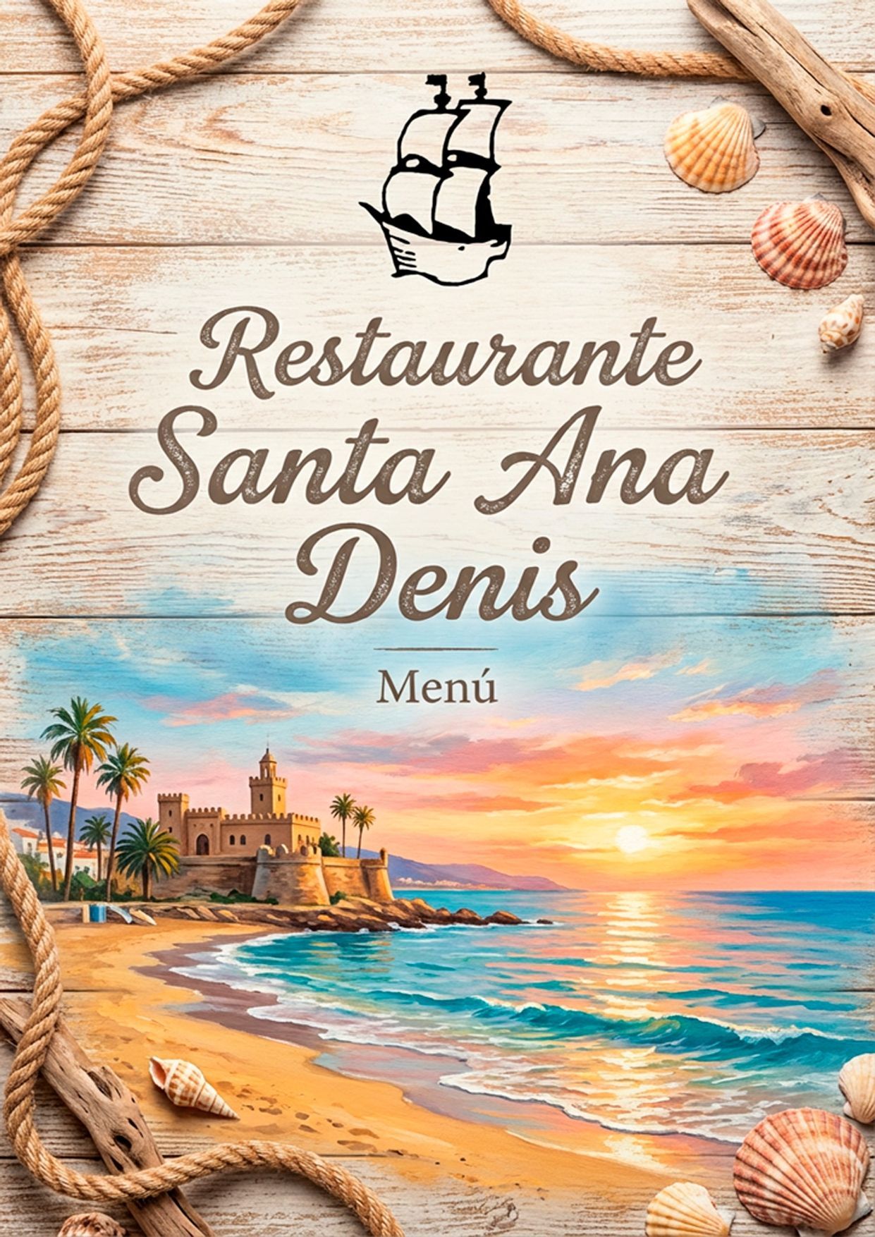 Portada del menú del restaurante Santa Ana Denis con puesta de sol tropical en la playa y borde de conchas marinas.