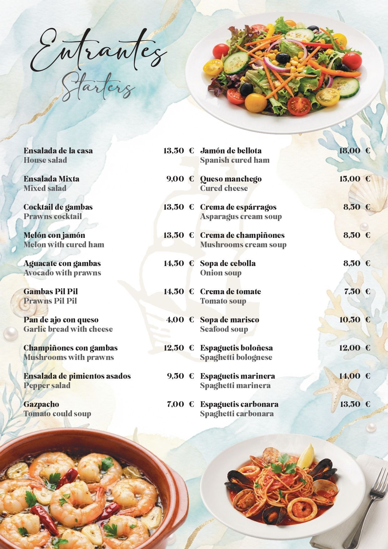 Menú de comida española con platos de marisco y ensaladas sobre un fondo de acuarela clara.