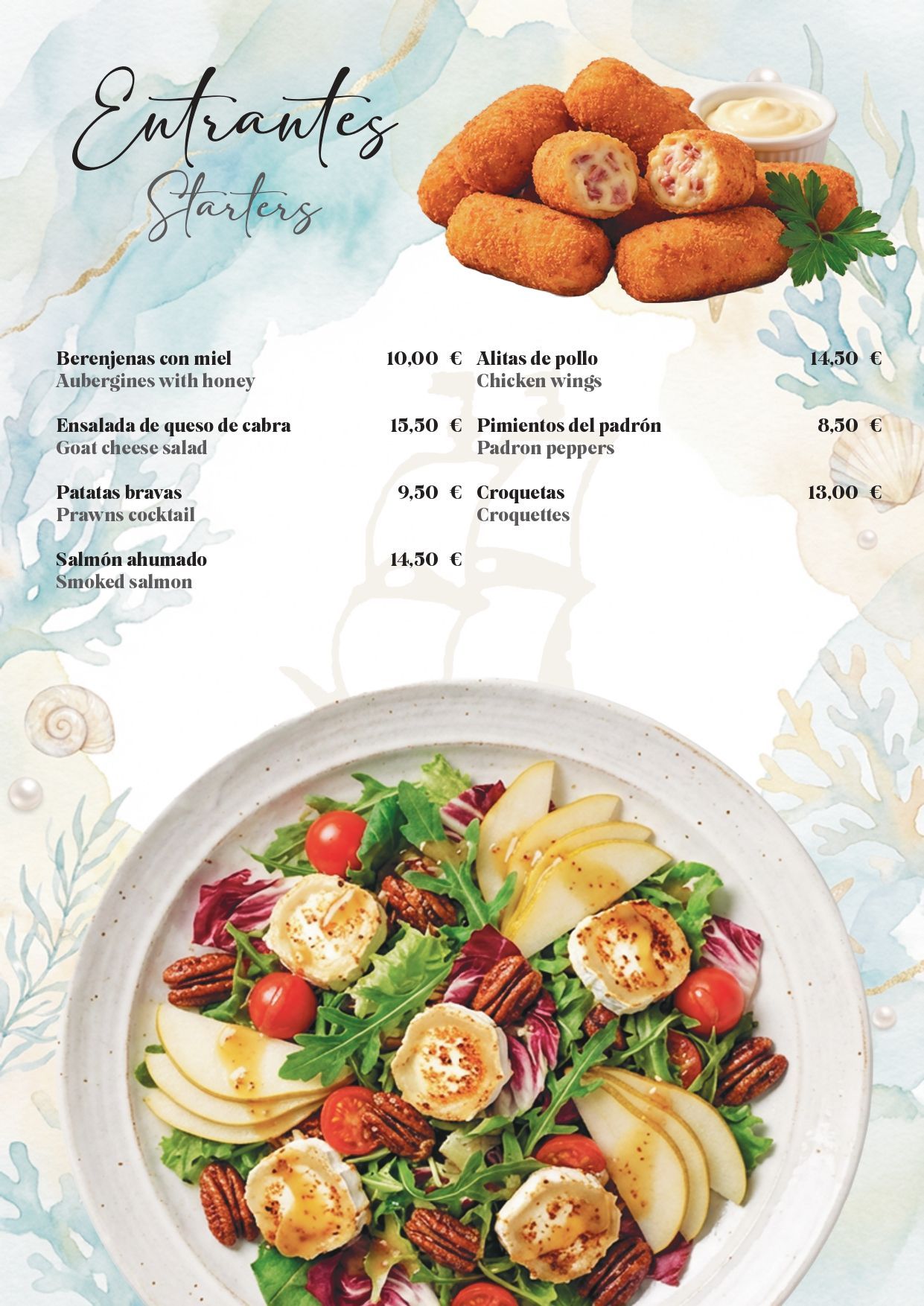 Cartel de menú con croquetas y una ensaladera fresca sobre un fondo floral claro.