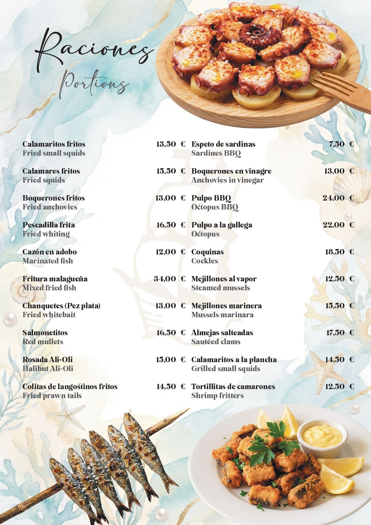 Menú de restaurante de mariscos con collage de postre de pescado frito, camarones y panqueques en un plato, sobre un fondo blanco.