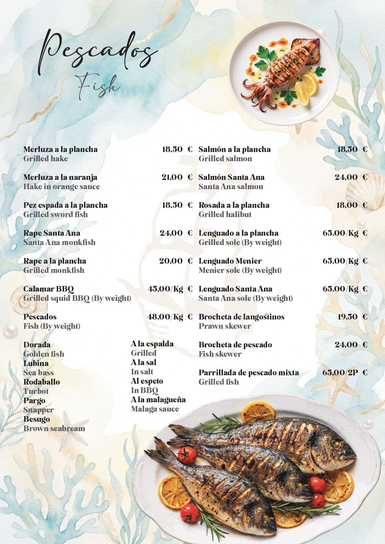 Menú de mariscos con ilustraciones de platos de pescado sobre un fondo azul claro.