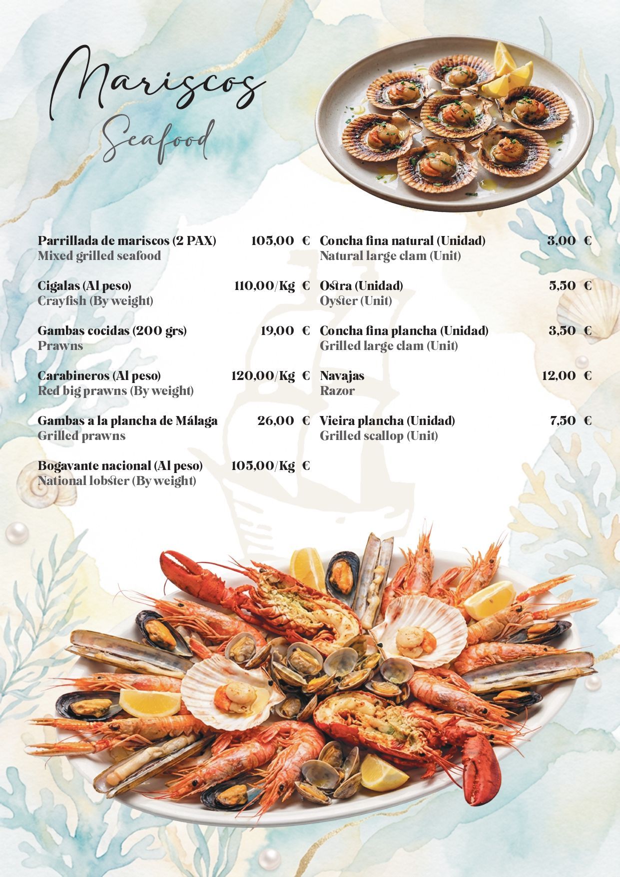 Menú de restaurante de mariscos con fotos de los platos y precios, que incluye coloridas bandejas de mariscos variados.